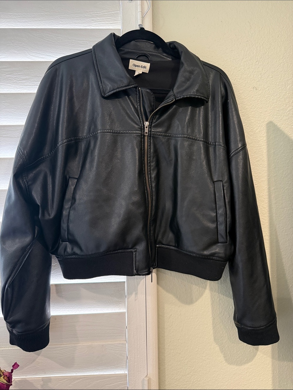 Open Edit Black Faux Leather Bomber Jacket